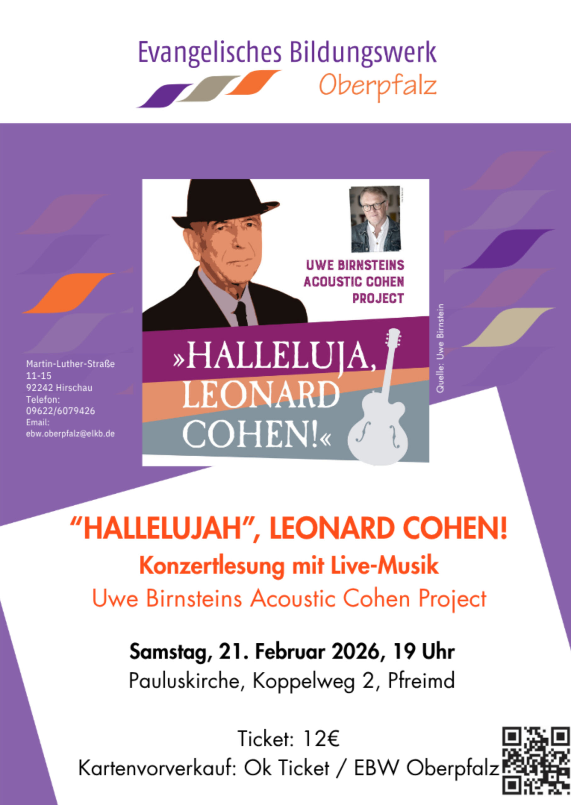 Uwe Birnsteins Konzertlesung mit Live-Musik am Samstag, 21. Februar 2026 in der Pfreimder Evangelisch-Lutherischen Pauluskirche, Beginn 19:00 Uhr